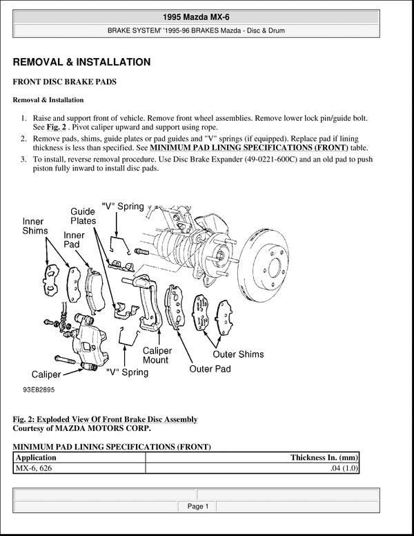Product picture 1995 Mazda MX-6 FRONT DISC BRAKE PADS REMOVAL 